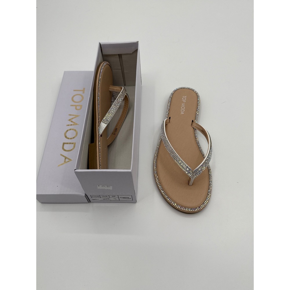 Top Moda Haiti-1 White Rhinestone Crystal Flip Flop Sandals Women 7.5